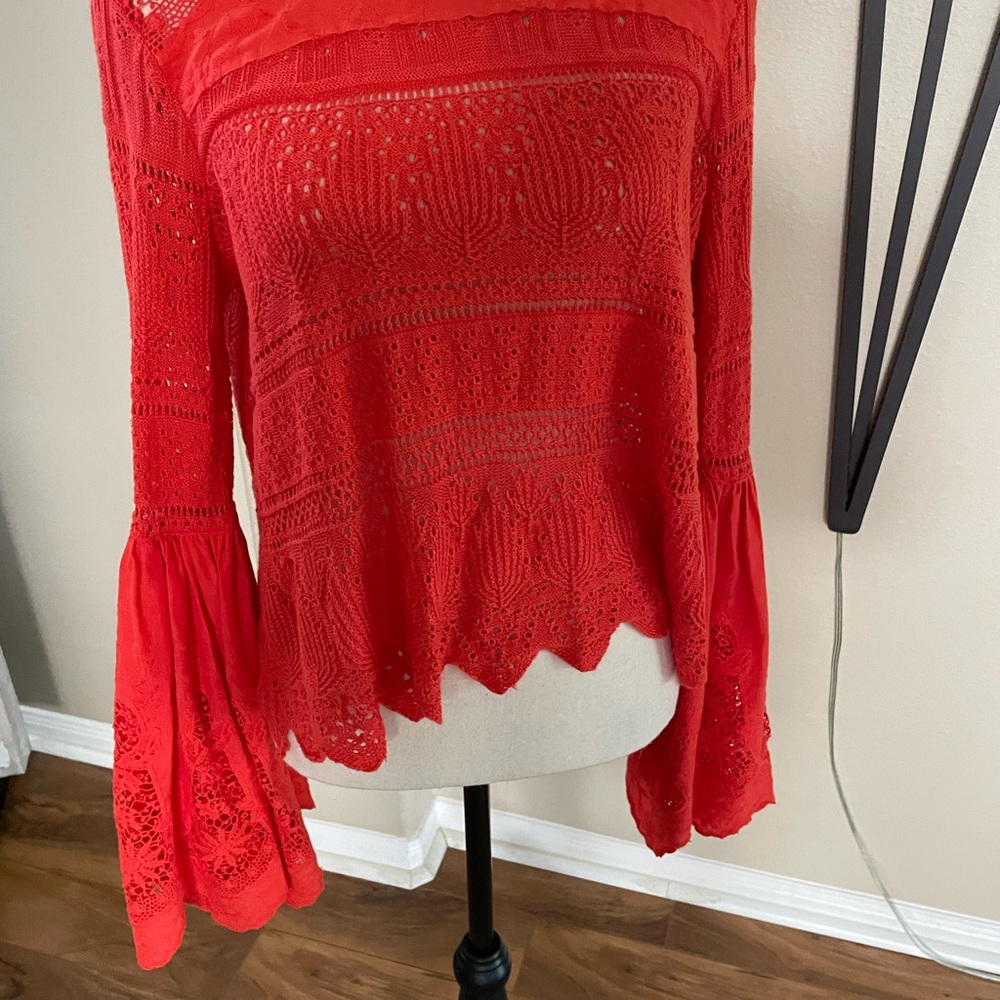 Red Asymmetrical Bell Sleeve Blouse